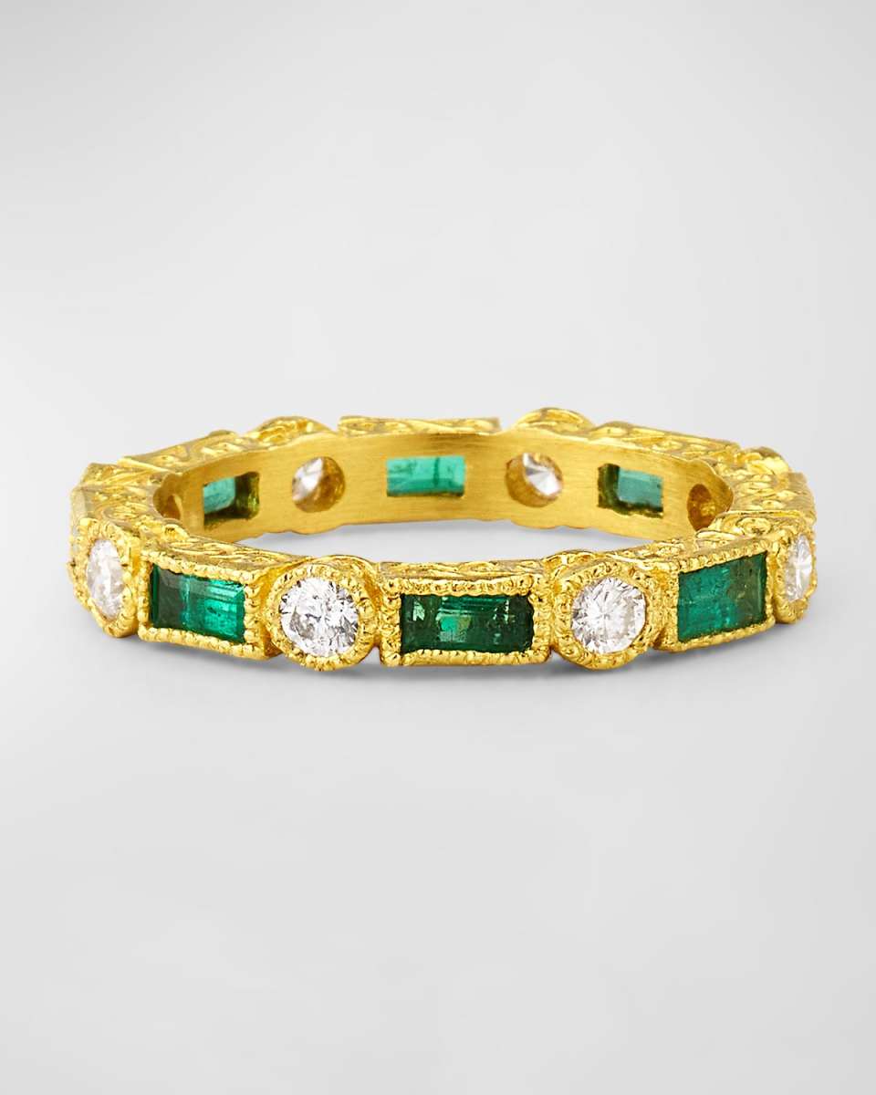 18K Yellow Gold Emerald and Diamond Eternity Ring, Size 6.5